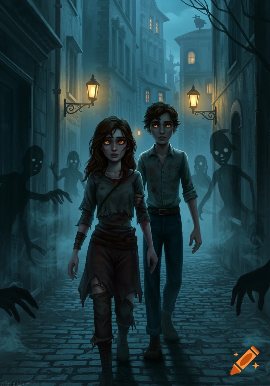 A girl and boy with glowing orange eyes walk down a dark, misty cobblestone alley at night, flanked by shadowy figures.
