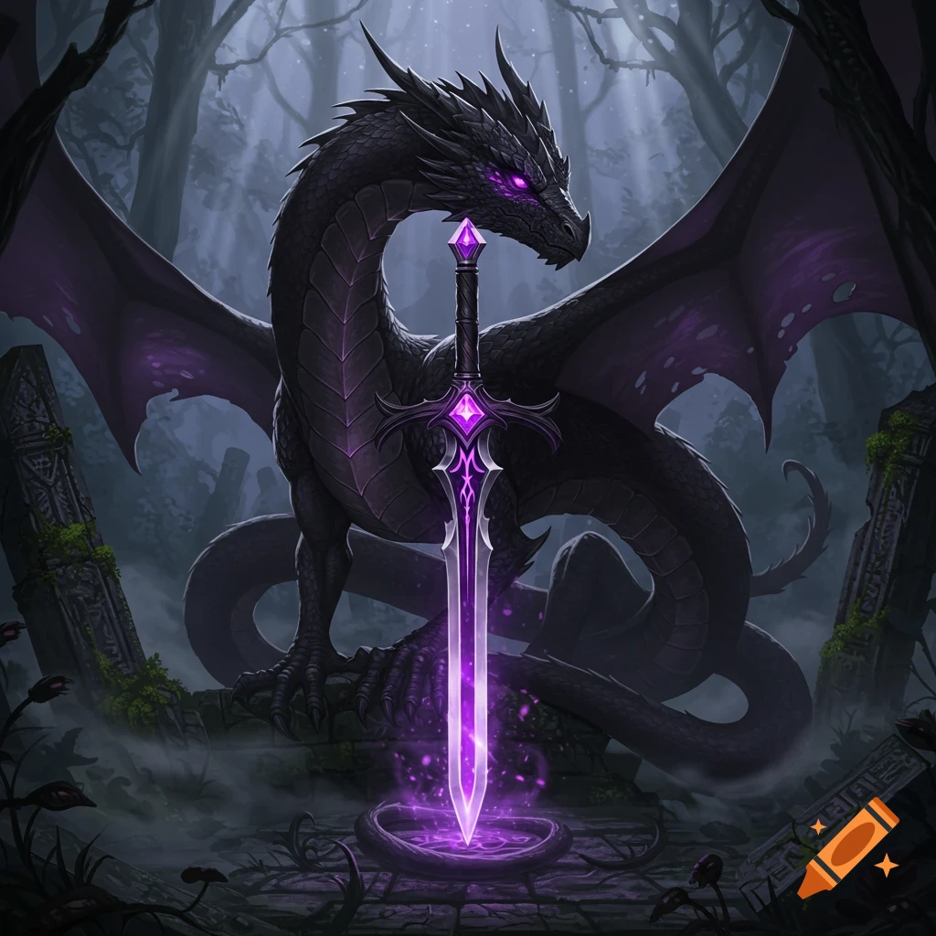 A dark dragon with glowing purple eyes and wings guards a glowing purple sword in a misty, dark forest.