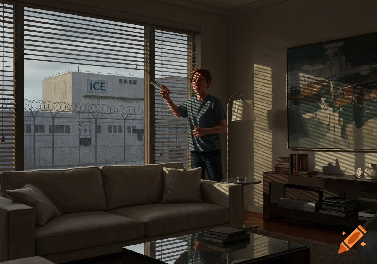 A person stands in a living room, looking out a window with blinds at a building labeled "ICE" behind barbed wire.