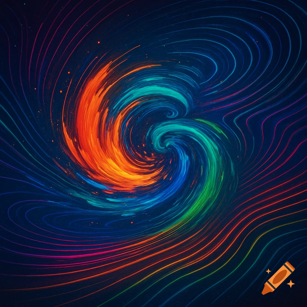 A vibrant abstract vortex of orange, teal, blue, and green, surrounded by swirling lines of rainbow colors on a dark background.