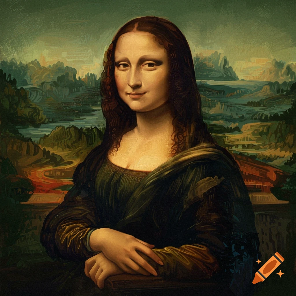 A painting of the Mona Lisa, featuring a woman with dark hair and a subtle smile, against a landscape background.