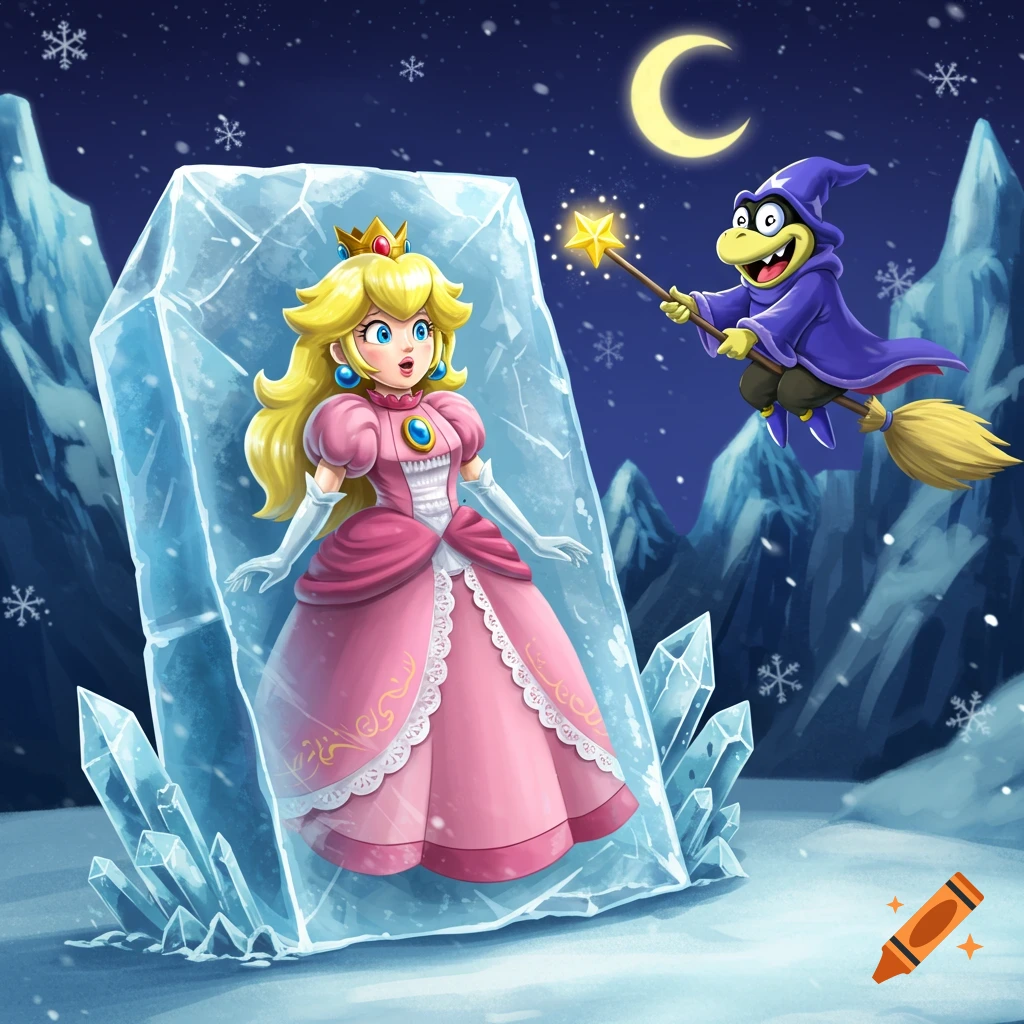 Princess Peach frozen in a large ice block as Kamek flies nearby with a wand in a snowy, mountainous night scene.