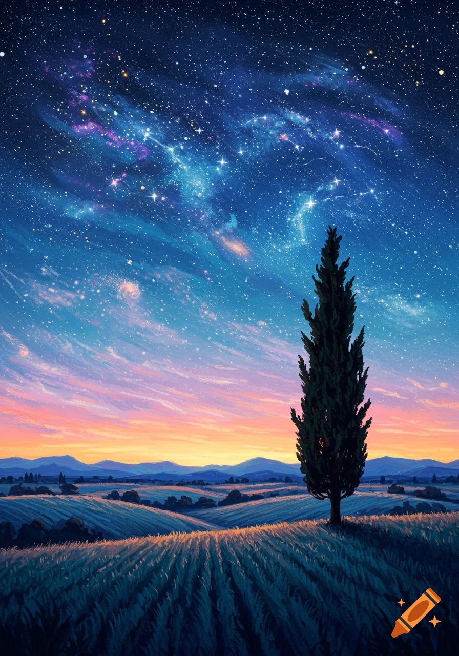 A single tall tree stands against a vibrant starry night sky and a colorful sunset over rolling fields.