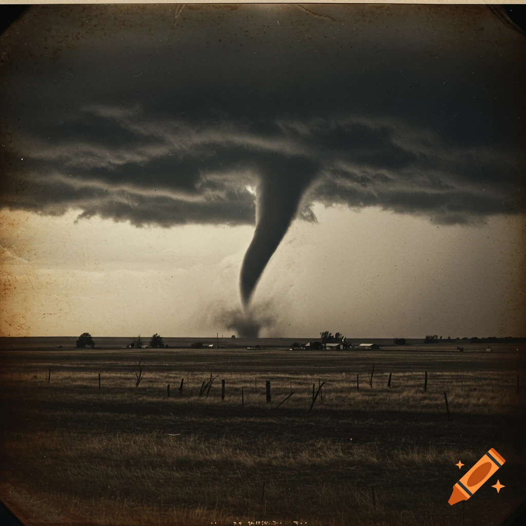 A sepia-toned, vintage photo of a large tornado descending from a dark storm cloud over a flat, grassy field with distant buildings.