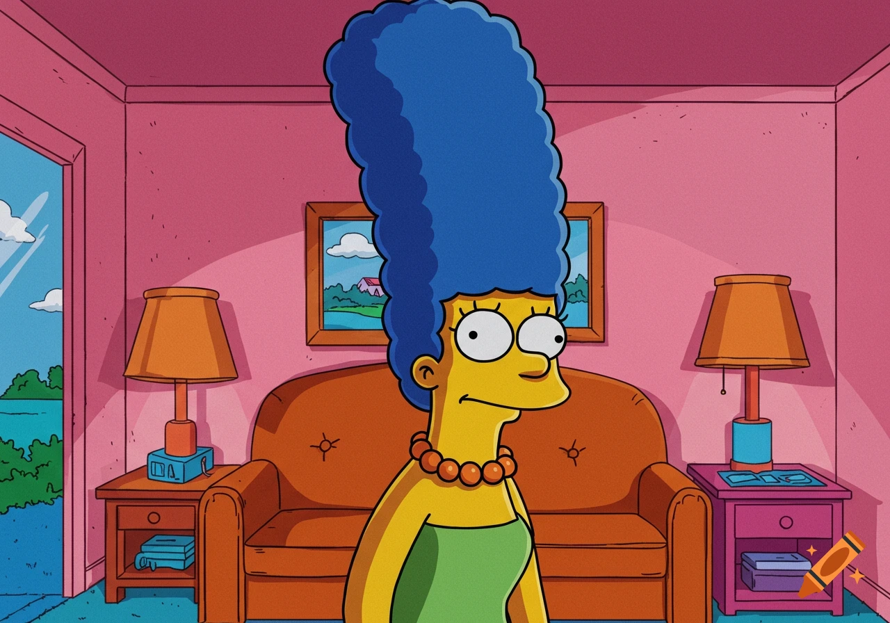 Marge Simpson from The Simpsons standing in her pink living room, cartoon style.