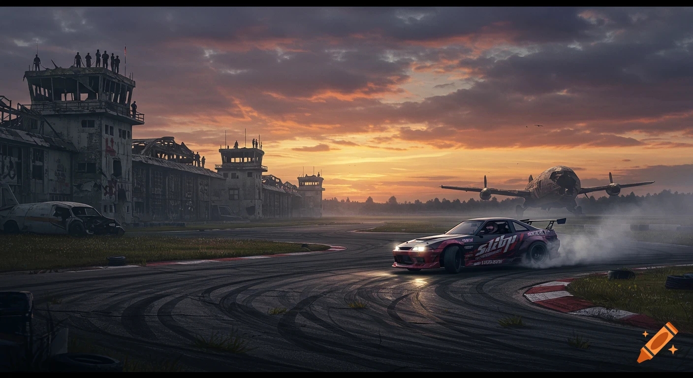 A pink and black drift car skids on a track amidst tire marks at an abandoned airfield, with ruined buildings and a dilapidated plane under a vibrant sunset sky. People watch from the control tower.
