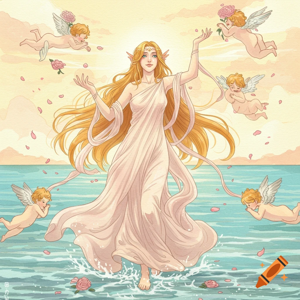 A vibrant illustration depicts a golden-haired goddess rising from the sea, surrounded by flying cherubs and pink rose petals.