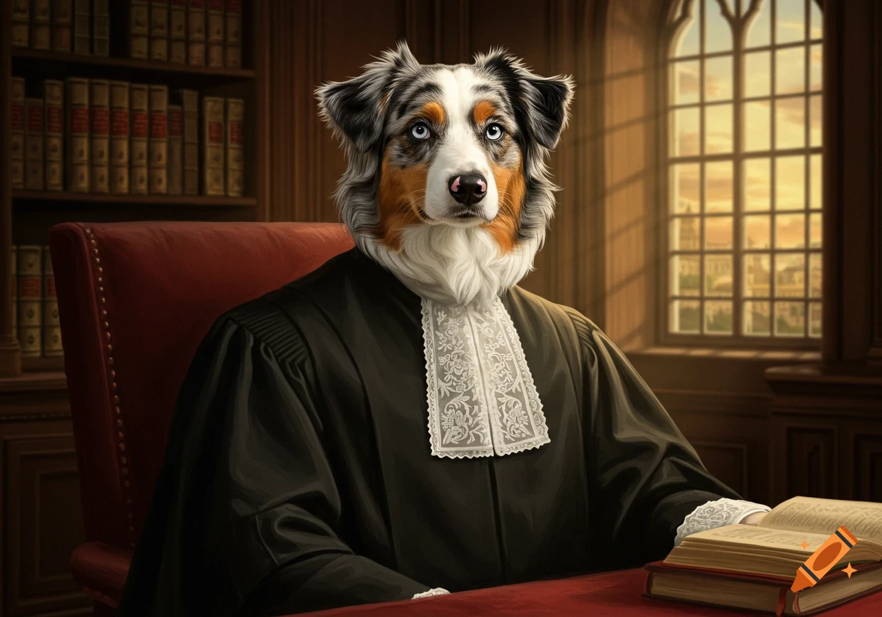 A serious-looking Australian Shepherd dog wearing a judge's robe and jabot, sitting at a desk in a library.