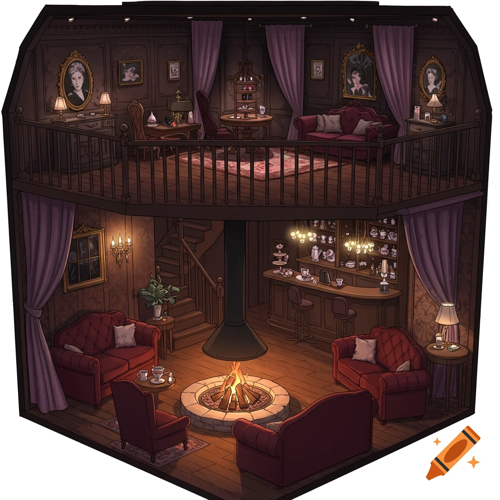 An illustrated cross-section of a cozy, dark she shed with a ground-floor firepit surrounded by red couches and a loft featuring a bar and seating.