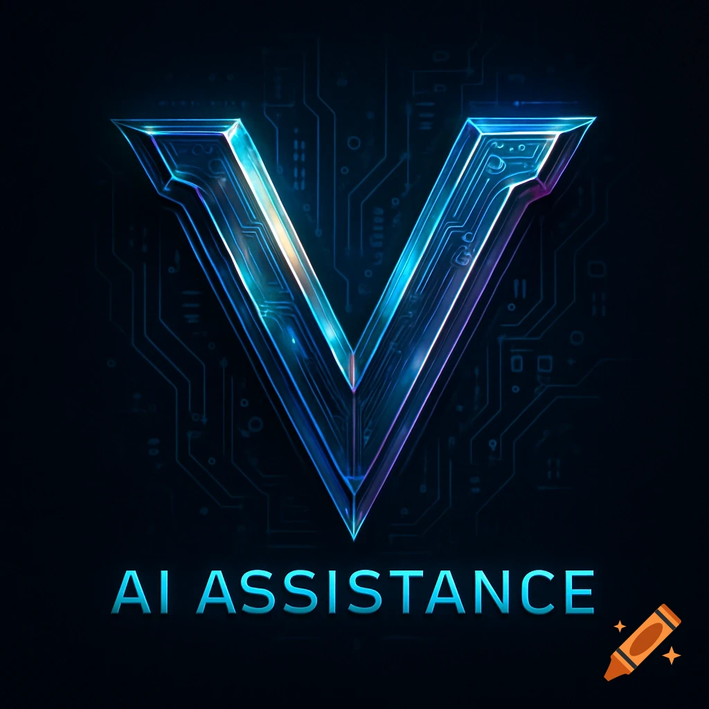 A blue glowing, futuristic letter V logo on a dark background with circuit board lines, and the words 'AI ASSISTANCE' below.