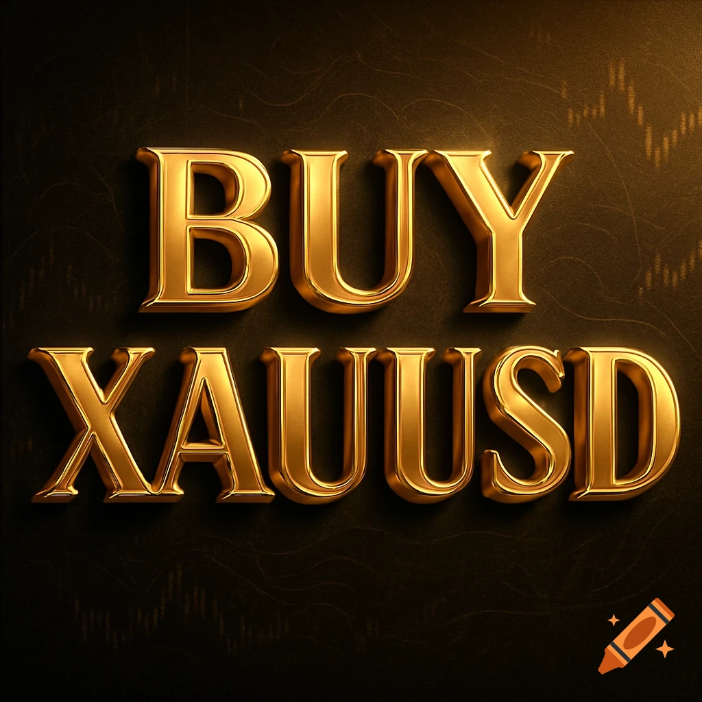 3D golden text spelling 'BUY XAUUSD' on a dark, textured background with faint financial charts.