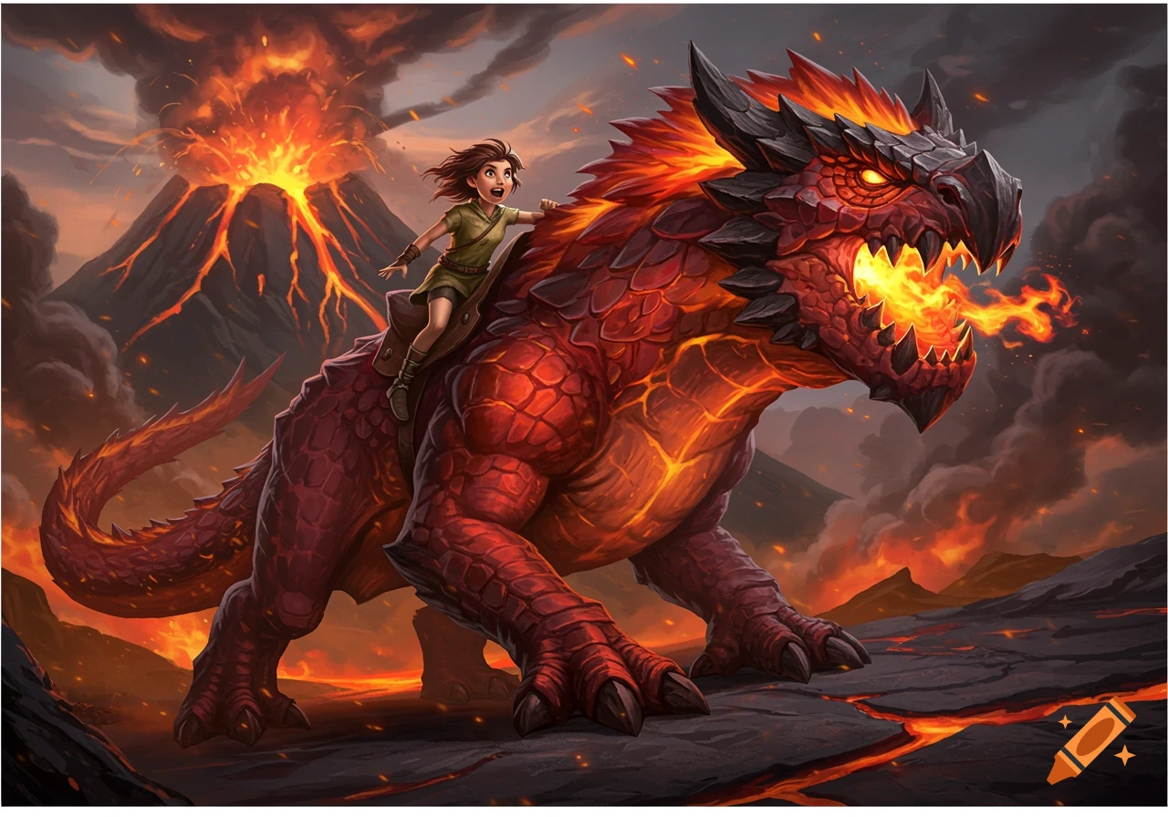 A girl rides a fiery red dragon with a volcano erupting behind them in a fantasy setting.