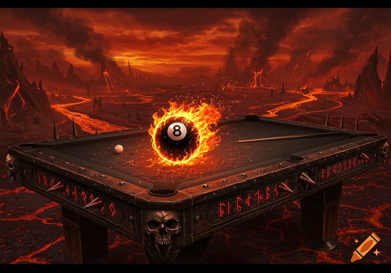 A flaming 8-ball sits on a dark, skull-adorned pool table in a hellish landscape with lava and volcanoes, in a fantasy style.