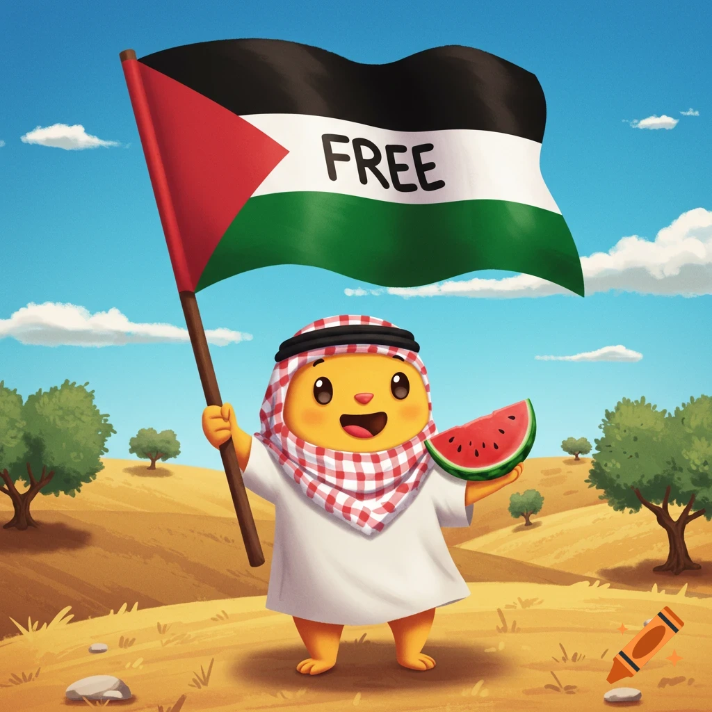 A cute, cartoon character wearing a keffiyeh holds a Palestinian flag with 'FREE' written on it and a slice of watermelon in a desert landscape.