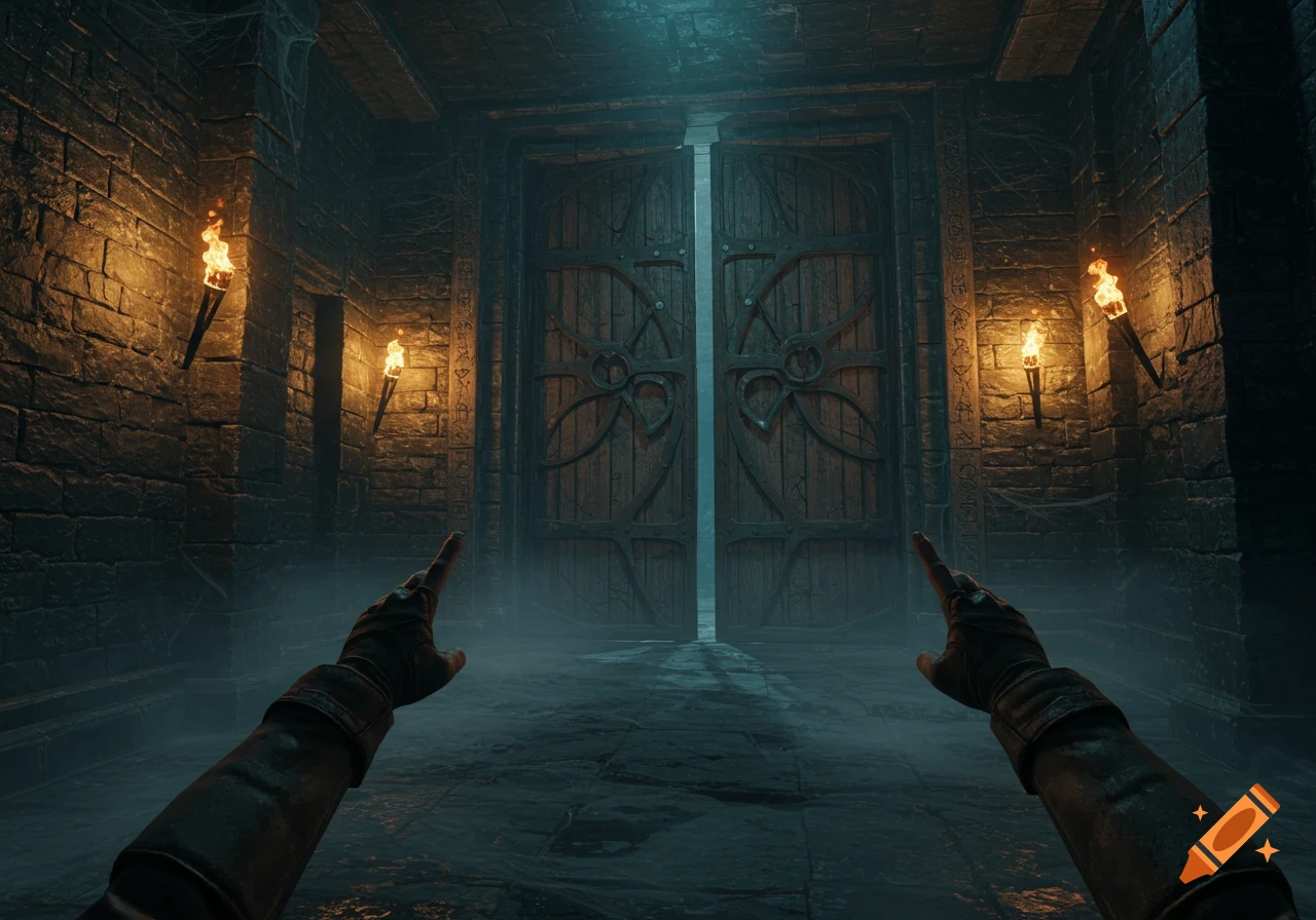 First-person view in a dark fantasy dungeon with glowing torches, pointing hands, and ornate wooden doors ahead.