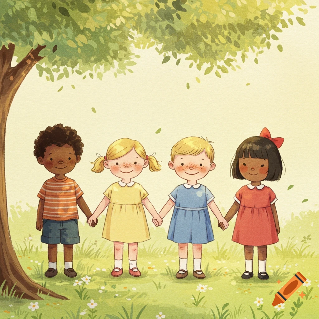 Four diverse children, one Black, two White, and one Asian, hold hands under a tree in a soft watercolor illustration.