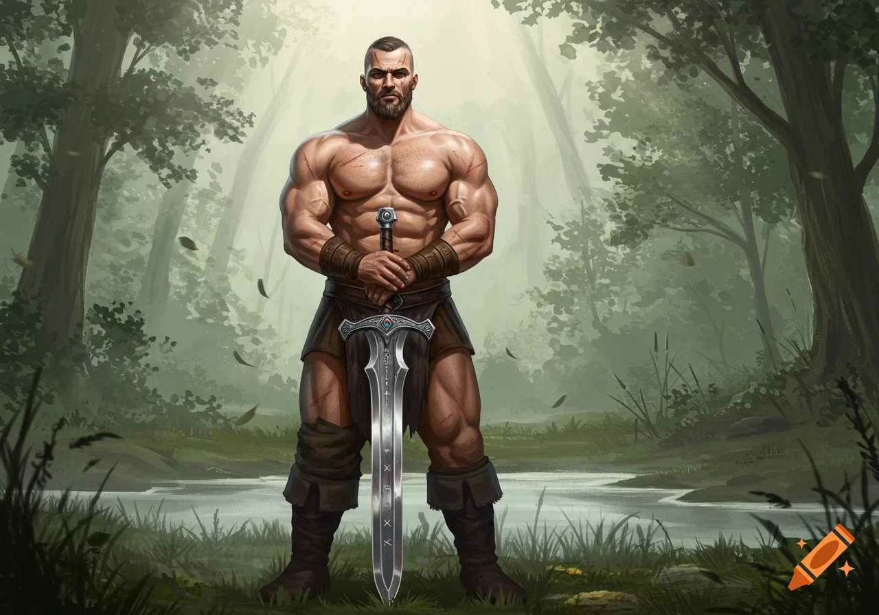 Muscular, bearded warrior with a sword stands stoically in a lush forest by a stream, in a fantasy art style.