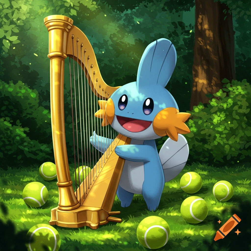 A blue Mudkip plays a golden harp in a sunny forest clearing, surrounded by tennis balls.