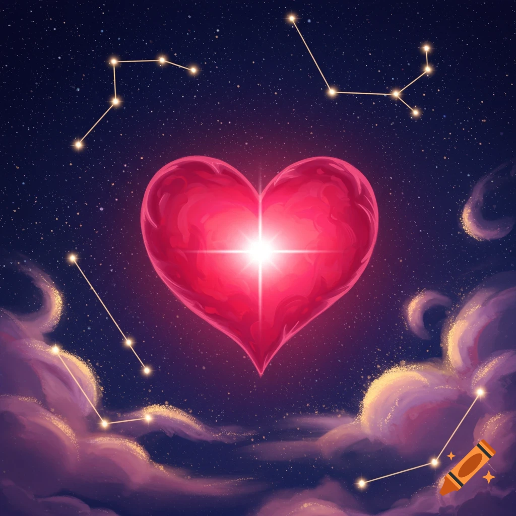 A glowing red heart floats in a dark starry night sky with purple and gold clouds and bright constellations.