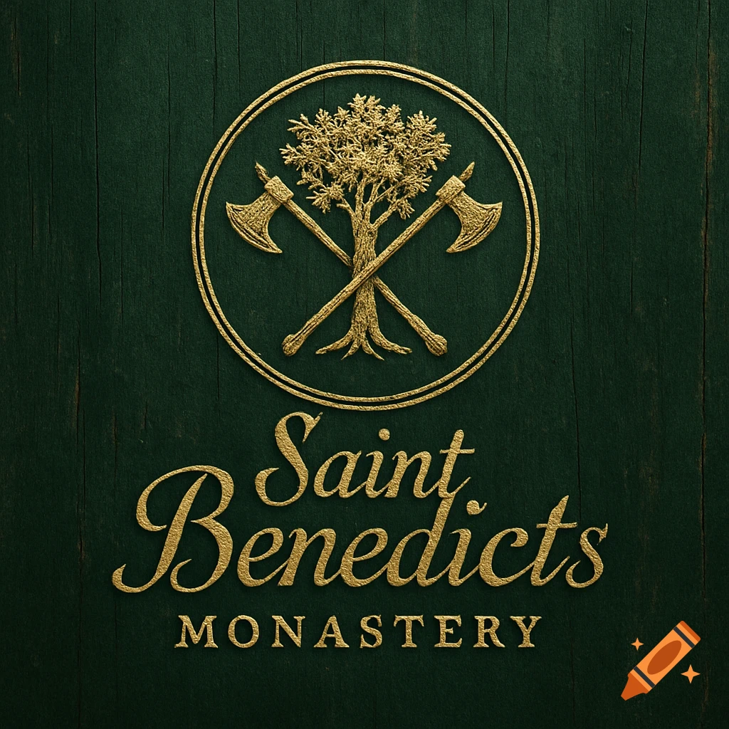 A gold emblem on a dark green wooden background featuring a circular crest with a tree and two crossed axes, above text that reads "Saint Benedicts MONASTERY" in gold cursive and block letters.