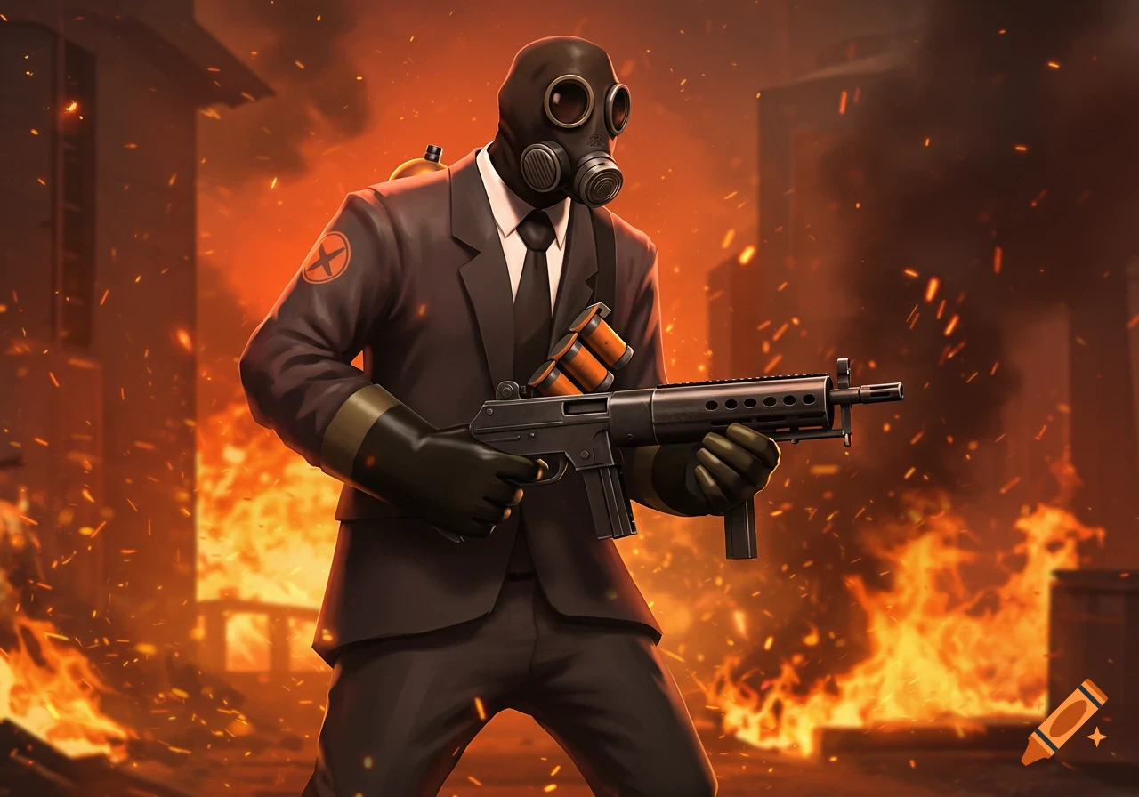Stylized illustration of Team Fortress 2 Pyro in a suit and gas mask, holding a gun amidst a burning cityscape.