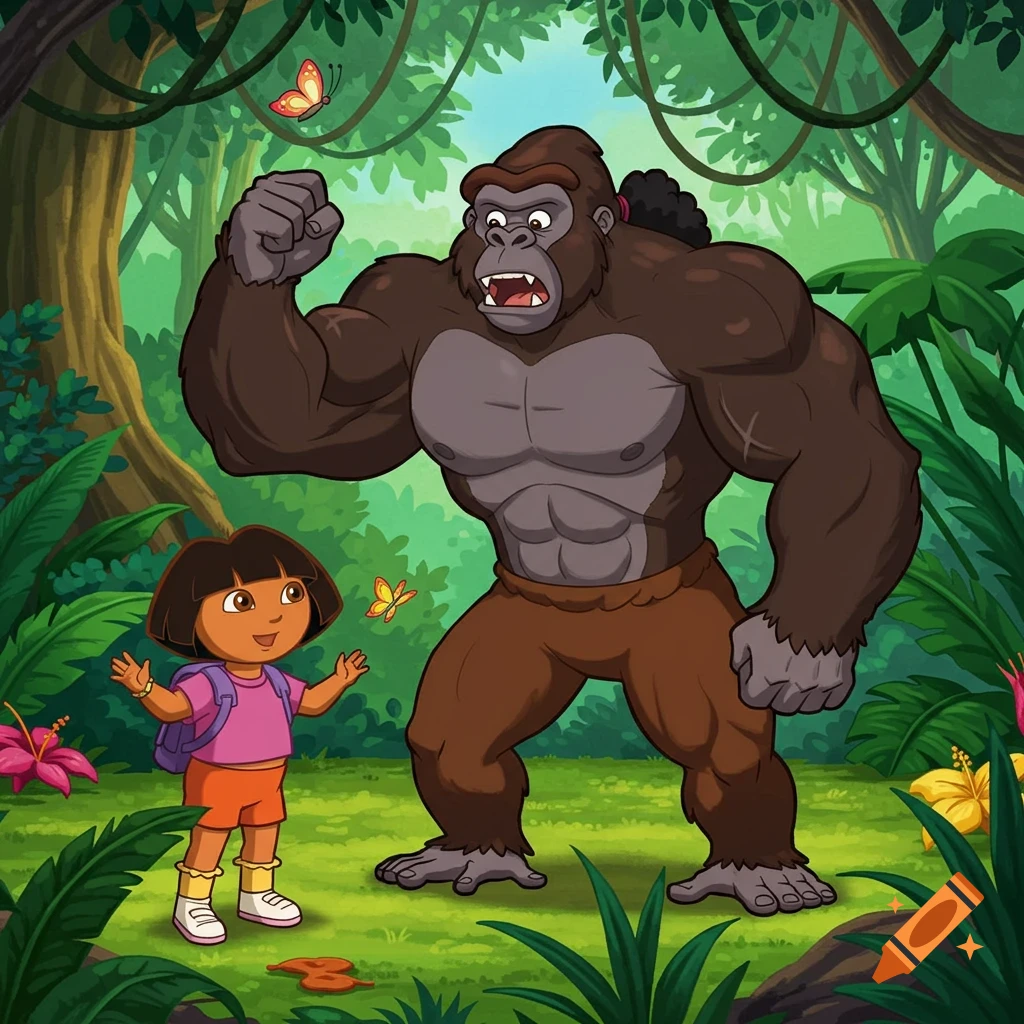 Cartoon illustration of Dora the Explorer smiling in a jungle while a large, muscular, snarling gorilla flexes its bicep.