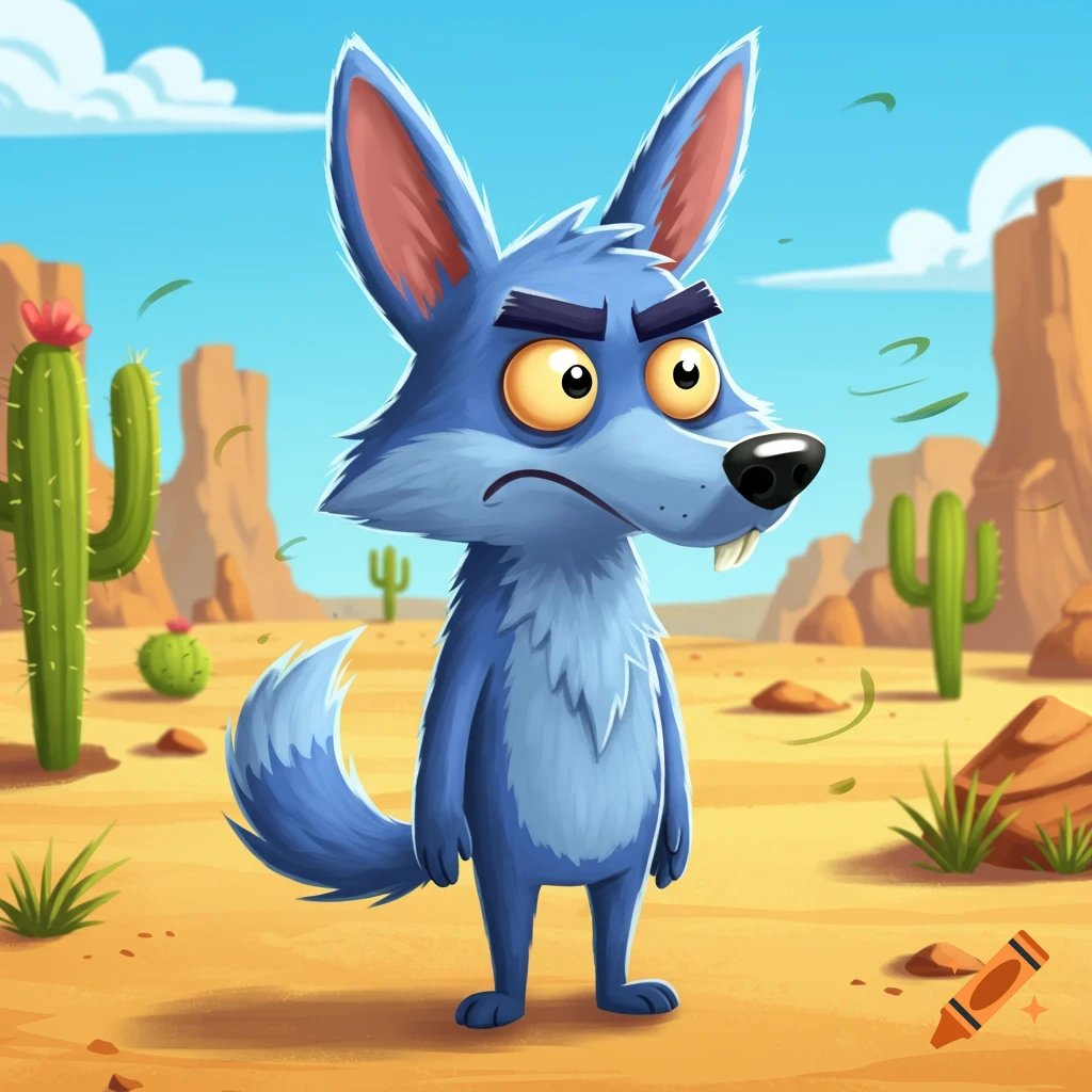 A blue cartoon coyote with a perplexed expression stands in a desert landscape with cacti and rocks under a clear sky.