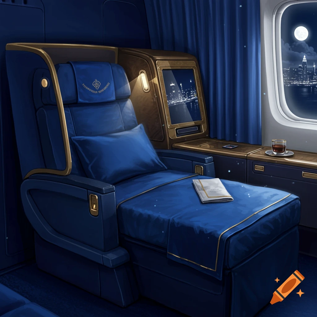 Elegant blue first-class airplane cabin at night, with the seat converted into a bed, and a city skyline visible from the window.