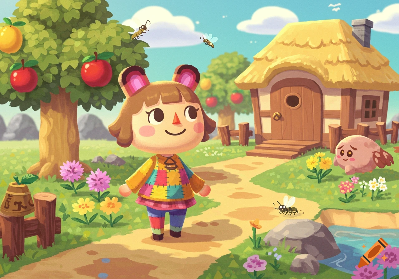 An Animal Crossing villager with a patchwork outfit stands on a path near a thatched-roof house, apple trees, flowers, a river, and a pink creature, in a vibrant cartoon style.
