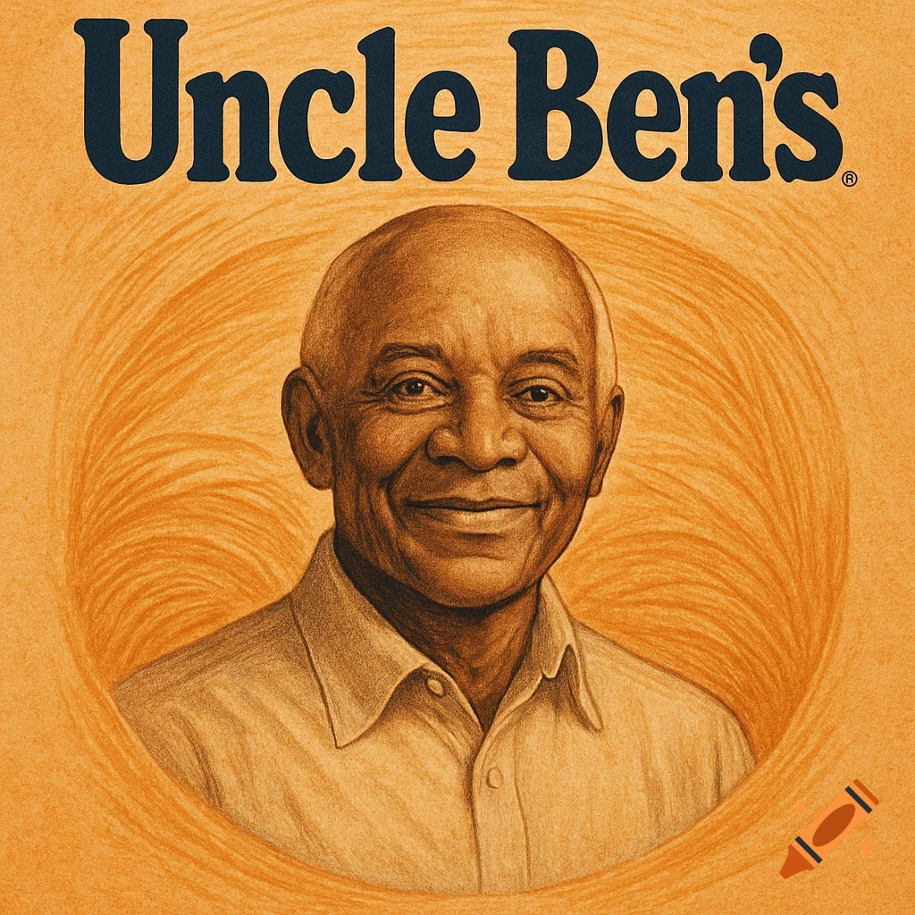 An illustration of a smiling elderly Black man with a white shirt, in an orange circular frame, with 'Uncle Ben's' text above.