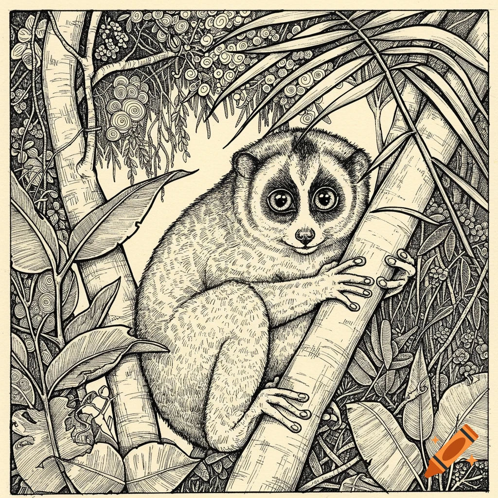 A detailed pen and ink drawing of a slow loris with large eyes clinging to a tree trunk in a lush jungle.