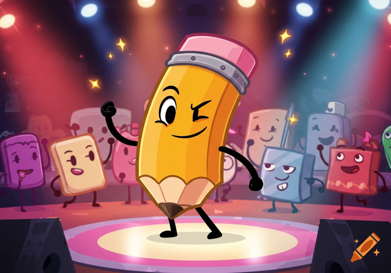 A cheerful cartoon pencil character winks and poses on a brightly lit stage, surrounded by other dancing cartoon office supplies like erasers and bottles, under colorful spotlights.