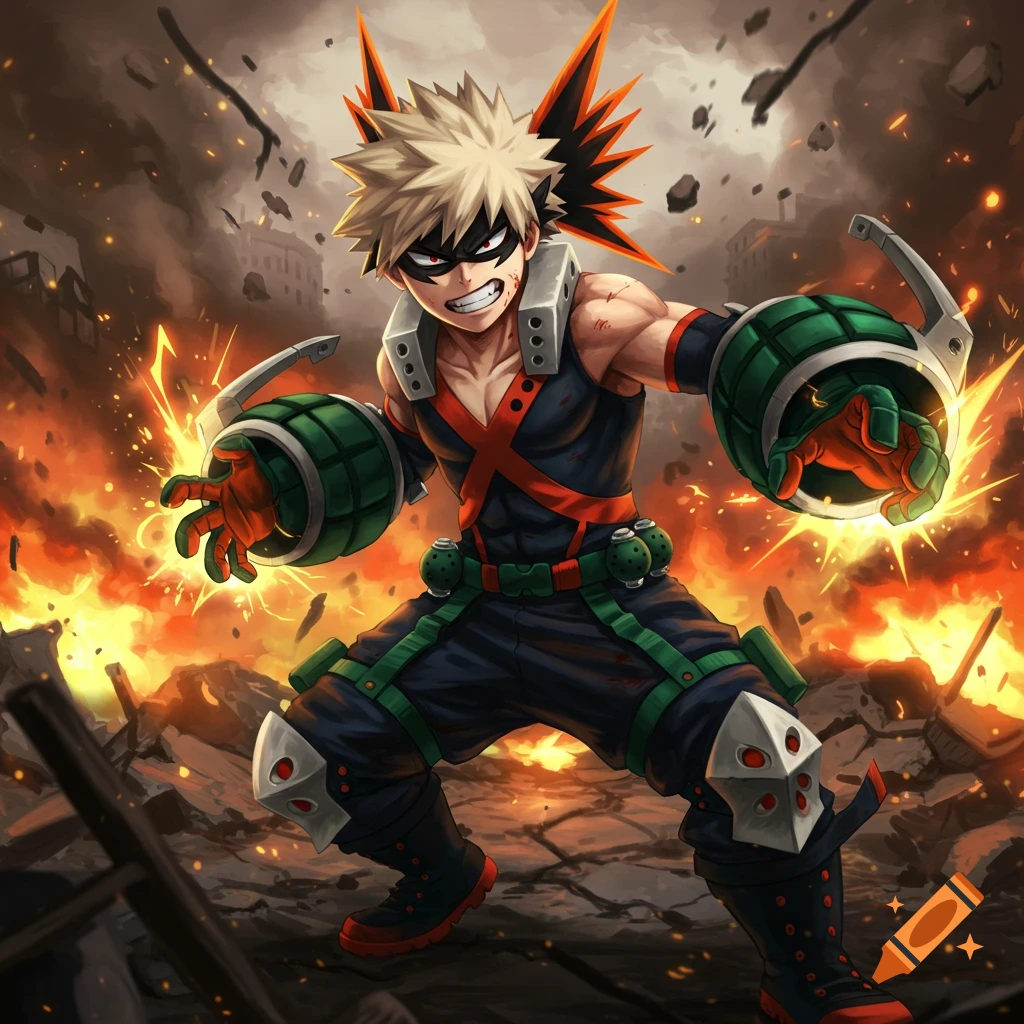 An anime character, Bakugo, in hero costume with explosive gauntlets, stands in a fiery, destroyed landscape.
