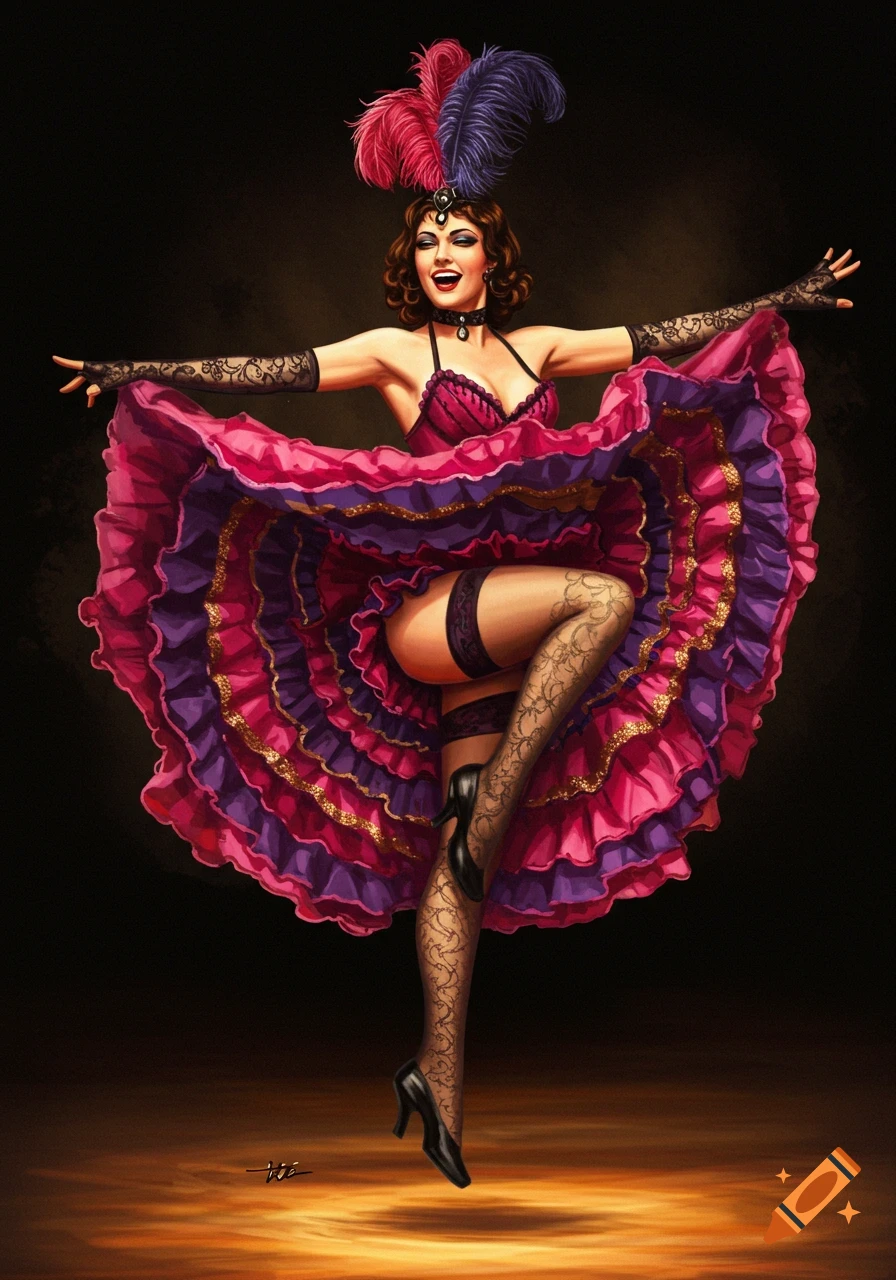 An illustration of a woman in a vibrant pink and purple can-can costume with feathers in her hair, excitedly dancing with her skirt lifted.