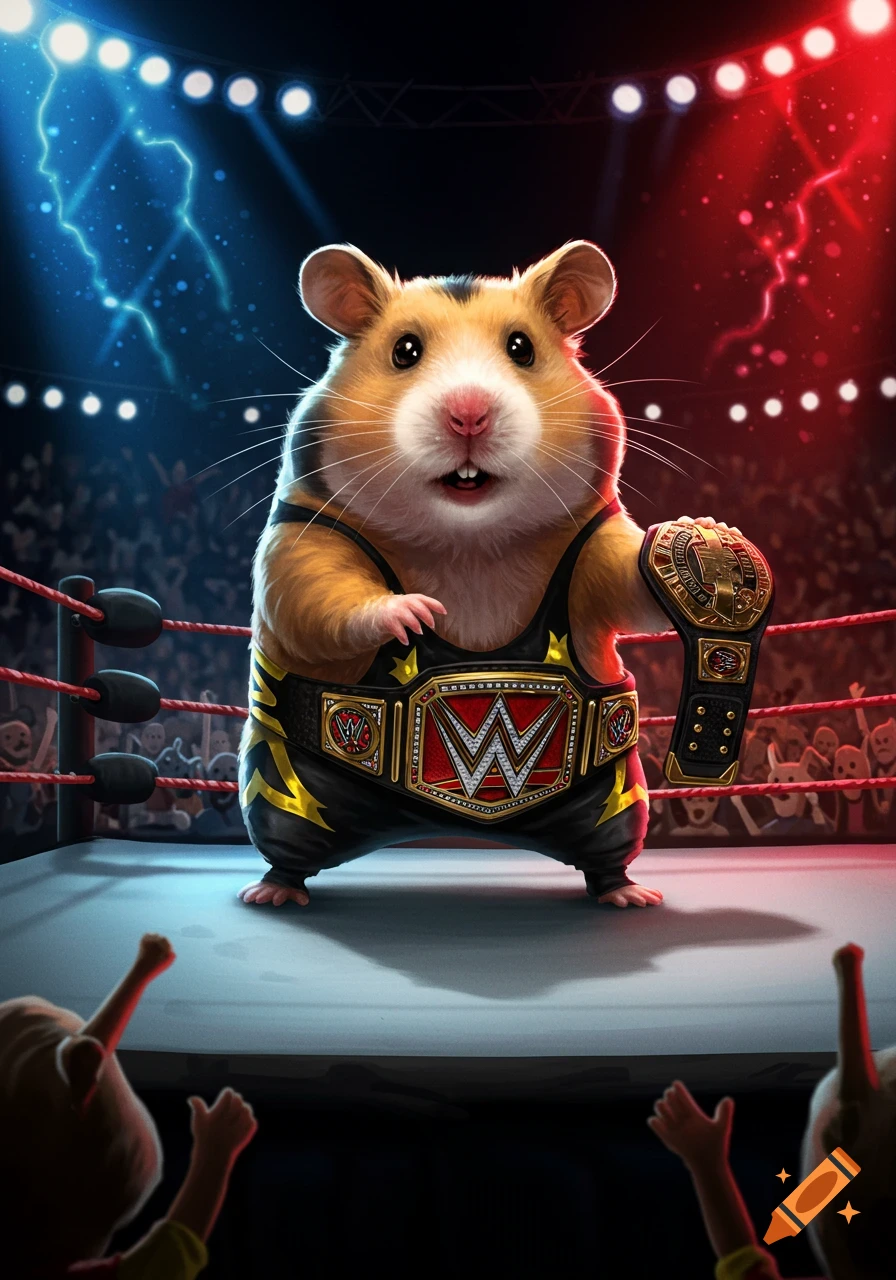 A cute hamster wrestler in a black and yellow outfit holds a WWE championship belt in a brightly lit wrestling ring with a cheering crowd.