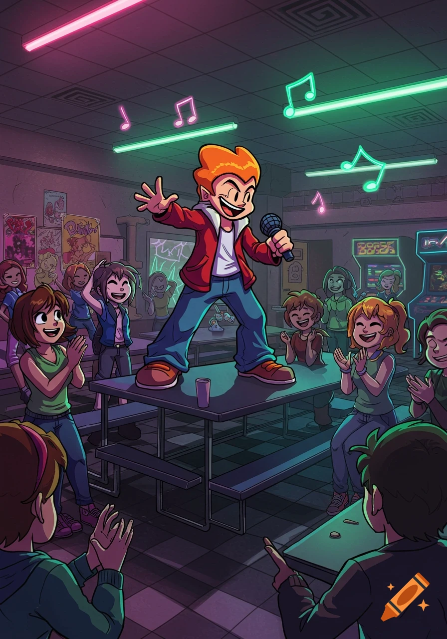 A vibrant cartoon image of a boy with orange hair and a red jacket singing into a microphone on a cafeteria table, surrounded by cheering students. The room is lit with neon pink and green lights, and features posters and arcade machines.