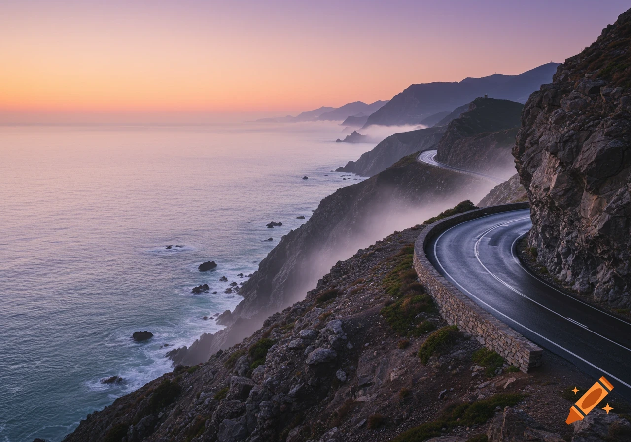 Winding road on a rocky cliffside overlooking a misty ocean at sunrise, with distant mountains and colorful sky.