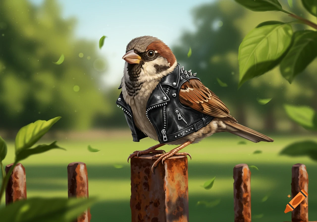 A stylized sparrow wearing a black leather jacket with studs perches on a rustic fence post amidst green foliage.