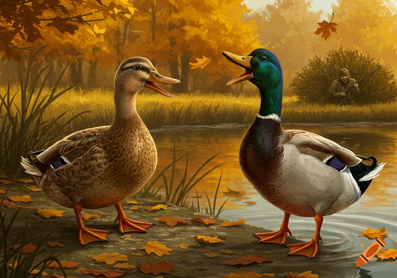 Two realistic ducks by an autumn pond, facing each other. A camouflaged hunter hides poorly in the background.