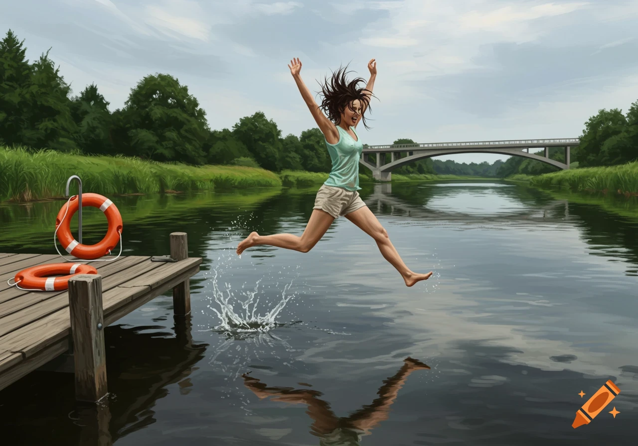 A woman in a tank top and shorts leaps into a river from a wooden dock, splashing water. Trees and a bridge are in the background.