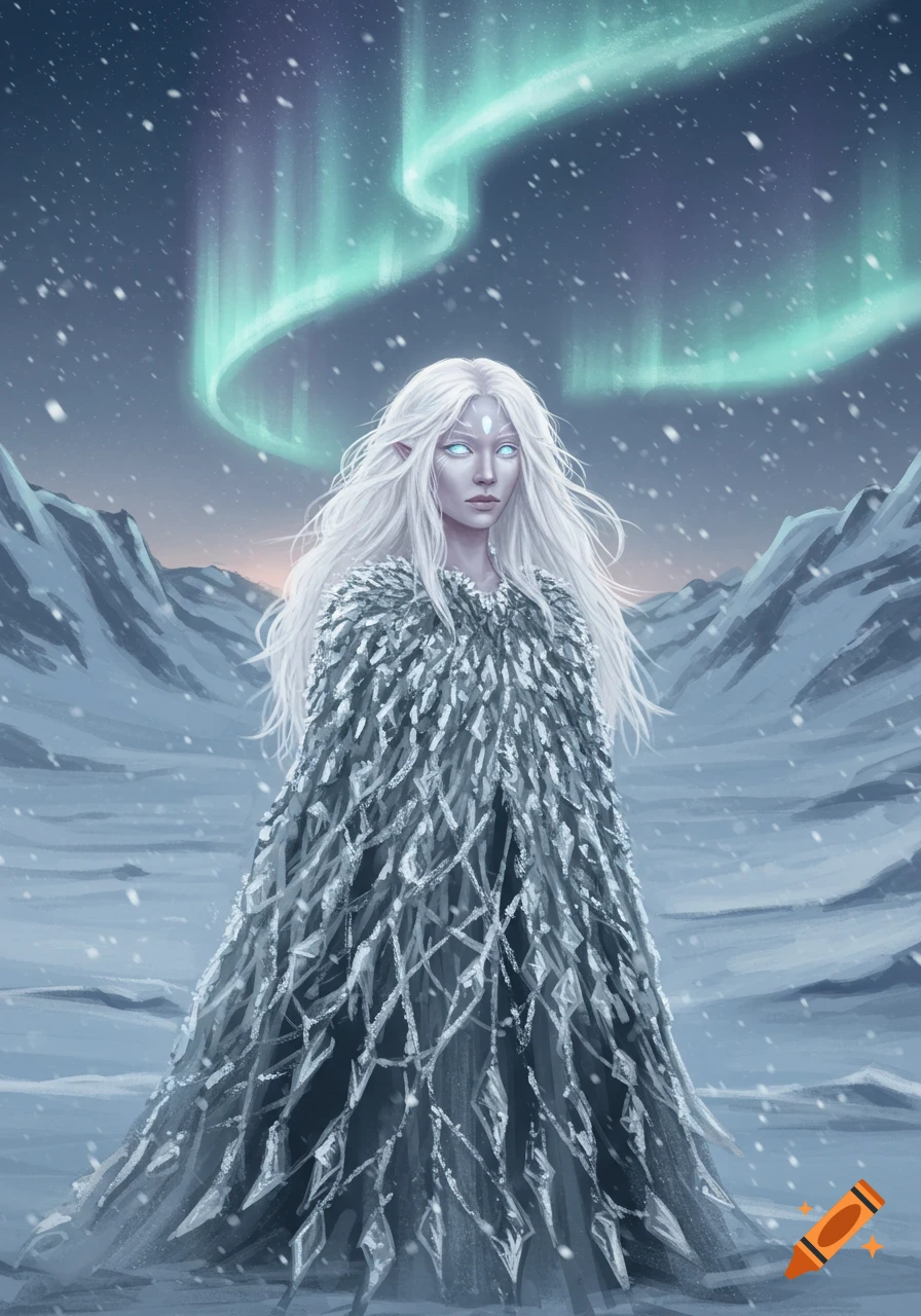 A white-haired female fantasy character with glowing eyes stands in a snowy arctic landscape under an aurora borealis.