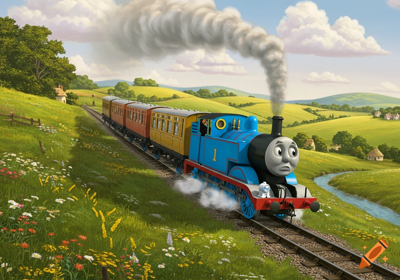 Illustrated Thomas the Tank Engine pulling three cars up a green hill, exhaling smoke and looking exhausted.