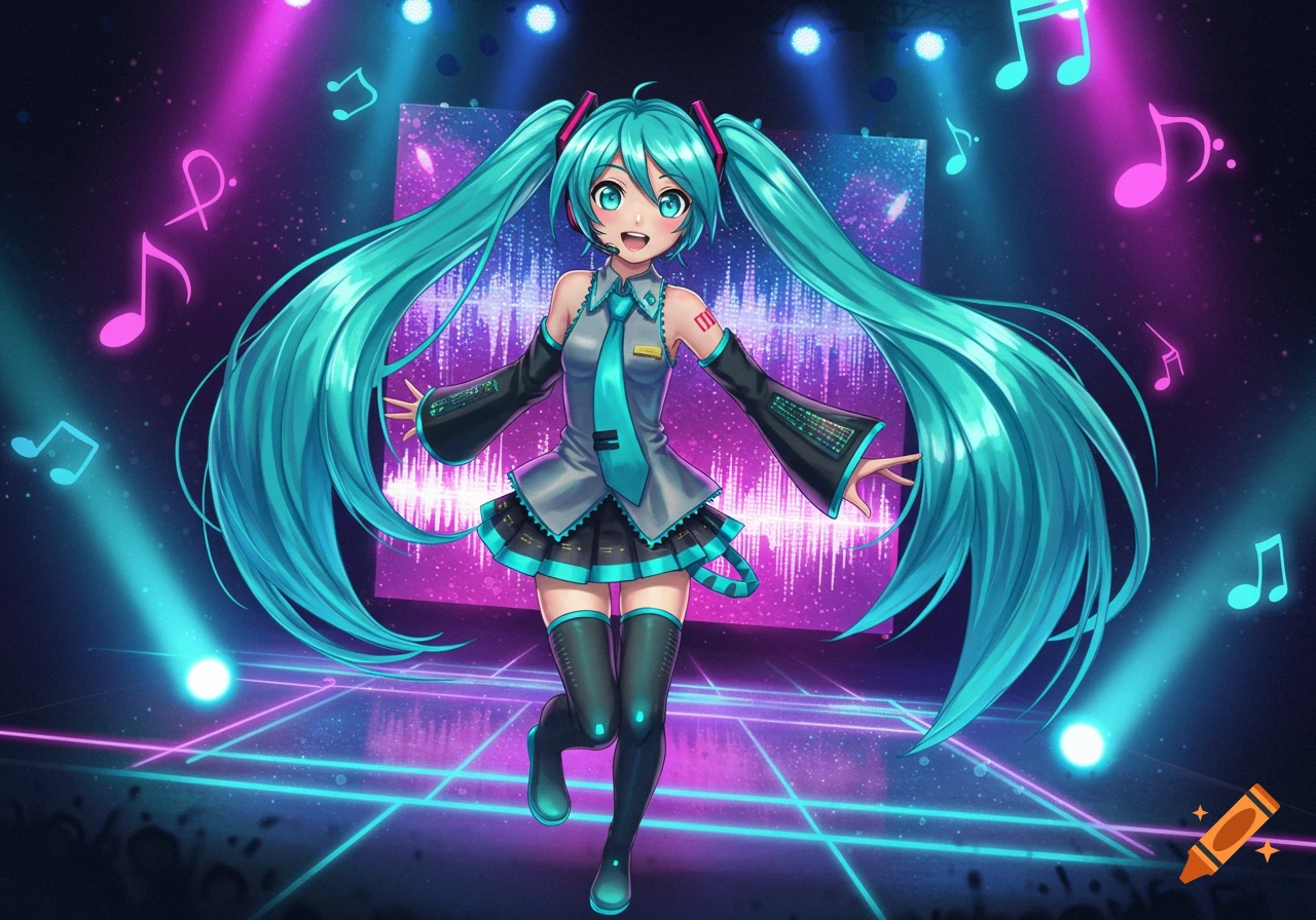 Hatsune Miku performing on a vibrant neon stage with musical notes floating around, anime style.