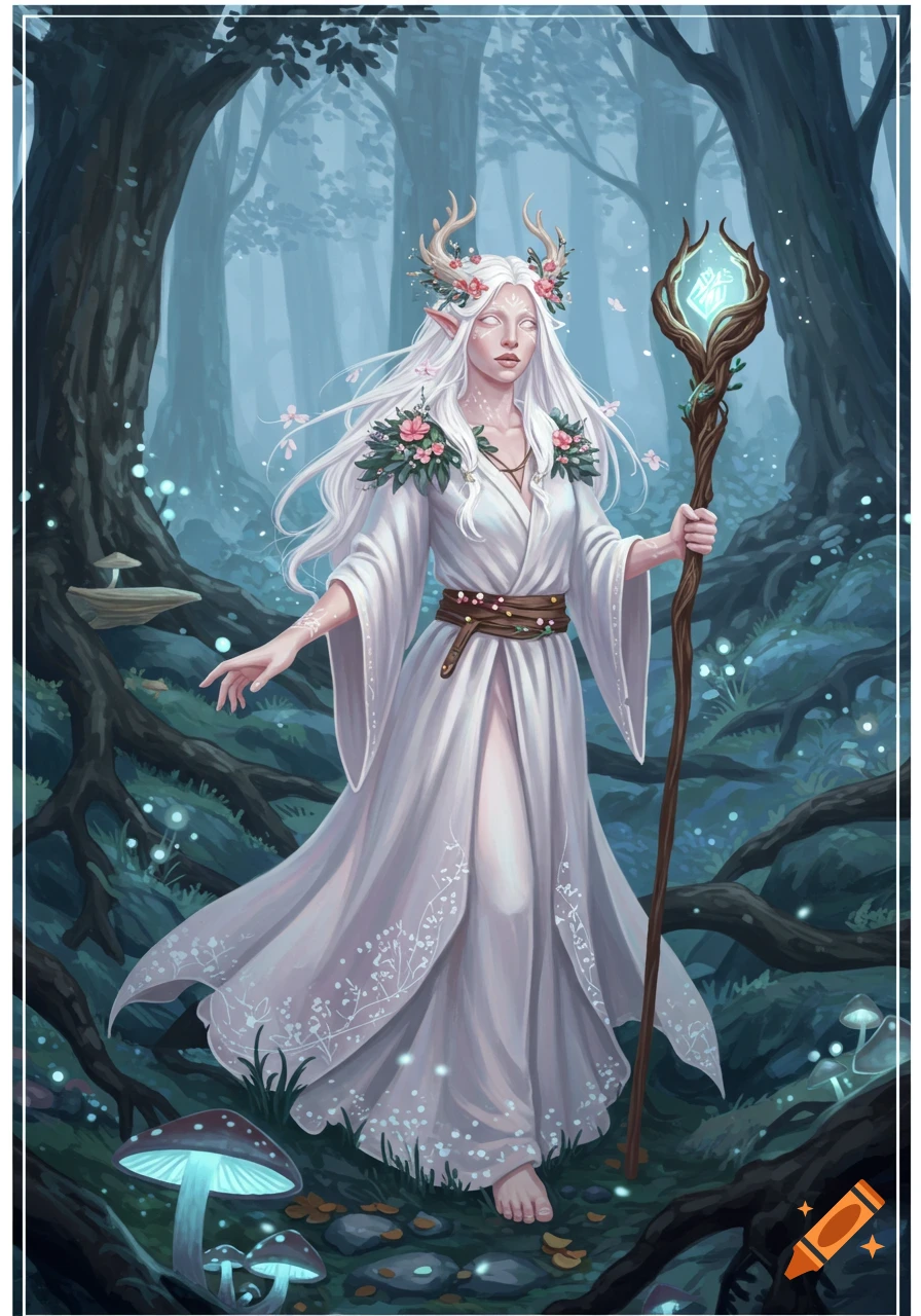 An albino female druid with a glowing staff stands in an enchanted forest with glowing mushrooms, wearing a white robe and floral antlers.