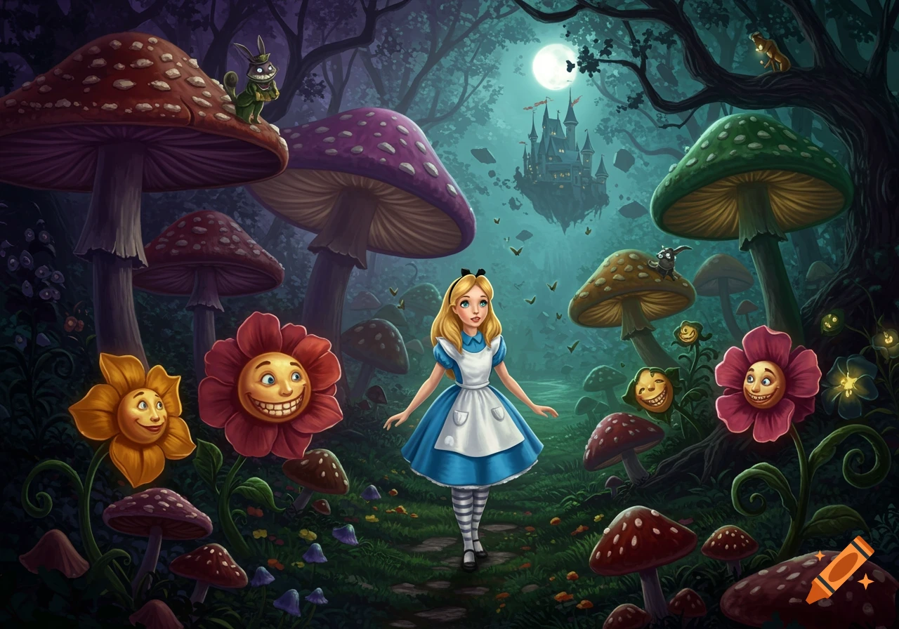 Alice stands in an enchanted forest filled with giant mushrooms, smiling flowers, and a floating castle under a full moon, in a whimsical, storybook art style.