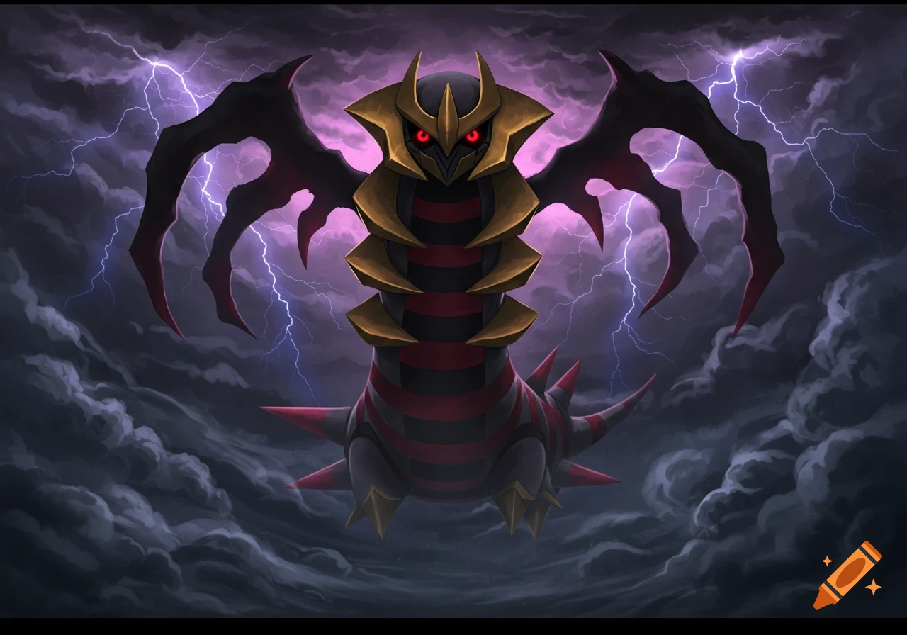A digital illustration of Giratina with red glowing eyes, looming amidst dark stormy clouds and lightning.