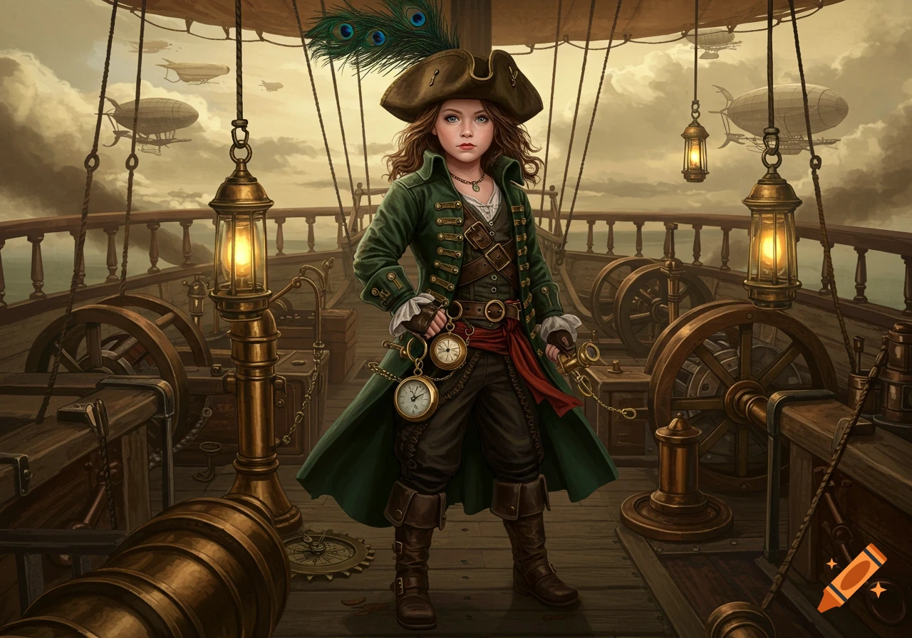 A young girl in a detailed green steampunk pirate outfit stands on an airship deck, holding a telescope and watches.