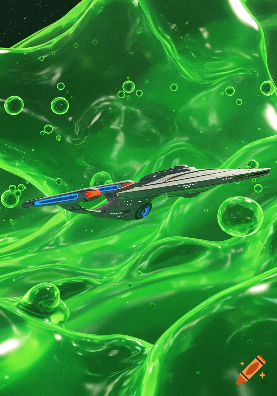 The fictional starship Orville flies through luminous green, bubbly jello with a starry background.