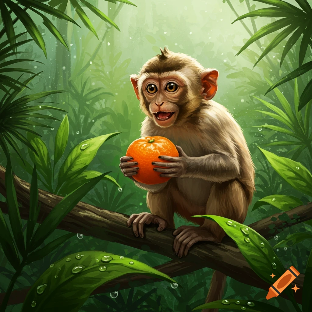 An illustration of a baby monkey sitting on a tree branch in a lush jungle, holding a bright orange.
