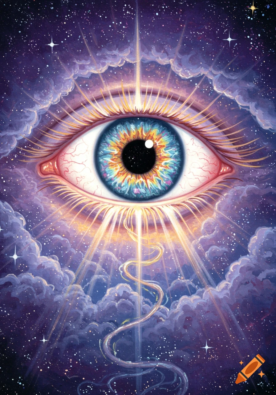 A detailed, vibrant, blue and orange eye with long lashes, glowing with light rays in a cosmic sky with purple clouds and stars.
